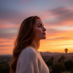 hazme una imagen de mujer ideal para foto de perfil de facebook viendo como el atardecerr 